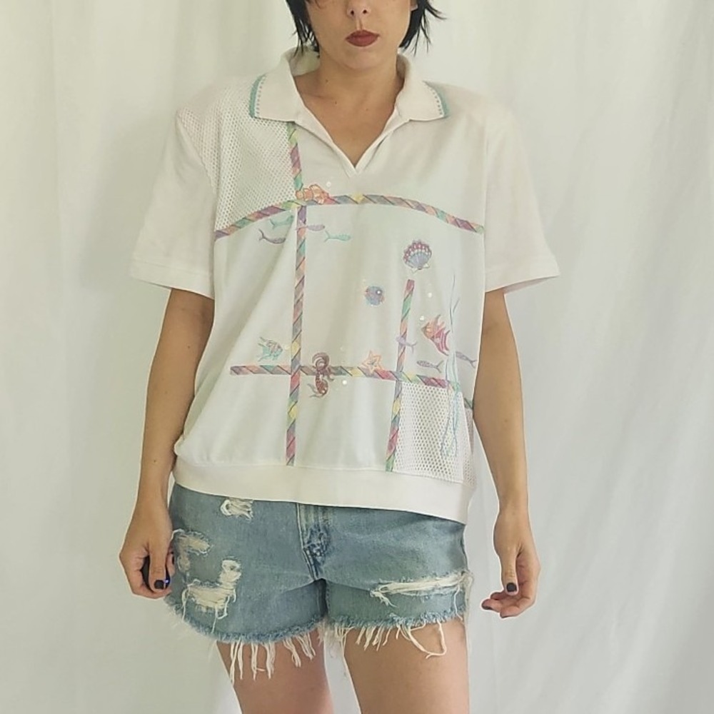90s Under the Sea White and Pastels Grandmacore Blouse